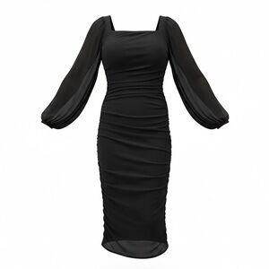 MEROKEETY LONG SLEEVE SQUARE NECK MESH BODYCON MIDI DRESS L